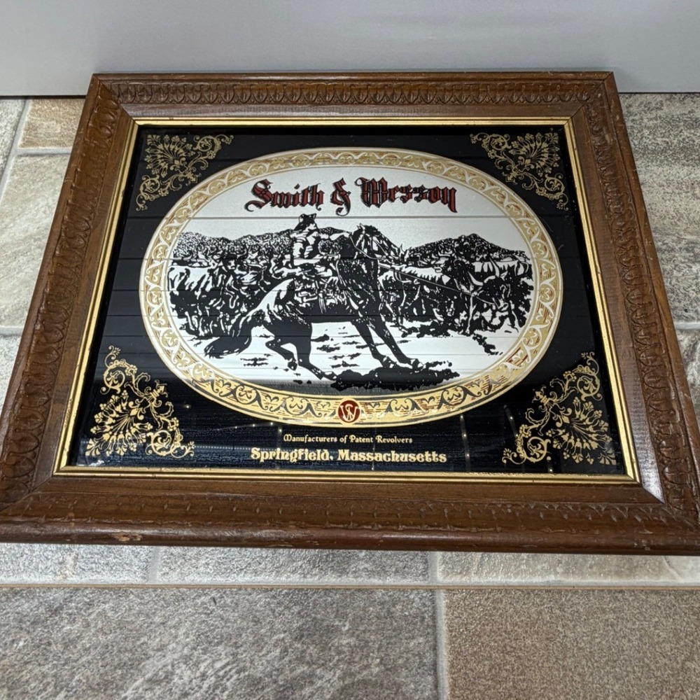 Vintage Smith & Wesson Advertising Mirror Western Horse Rider Wood Frame